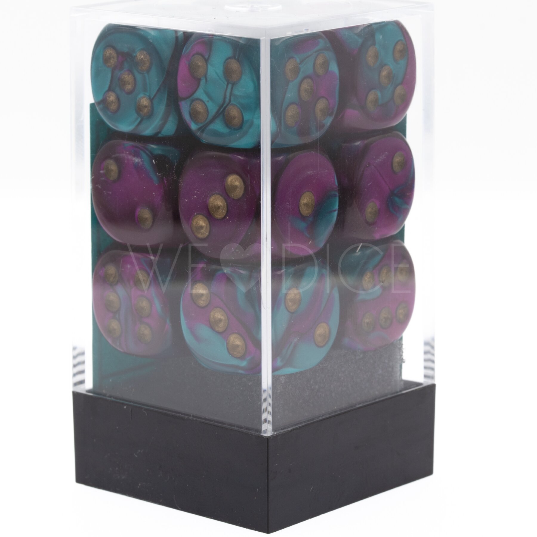 Gemini® Lila-Blaugrün / gold 16mm W6 Würfel Set (12 Würfel)