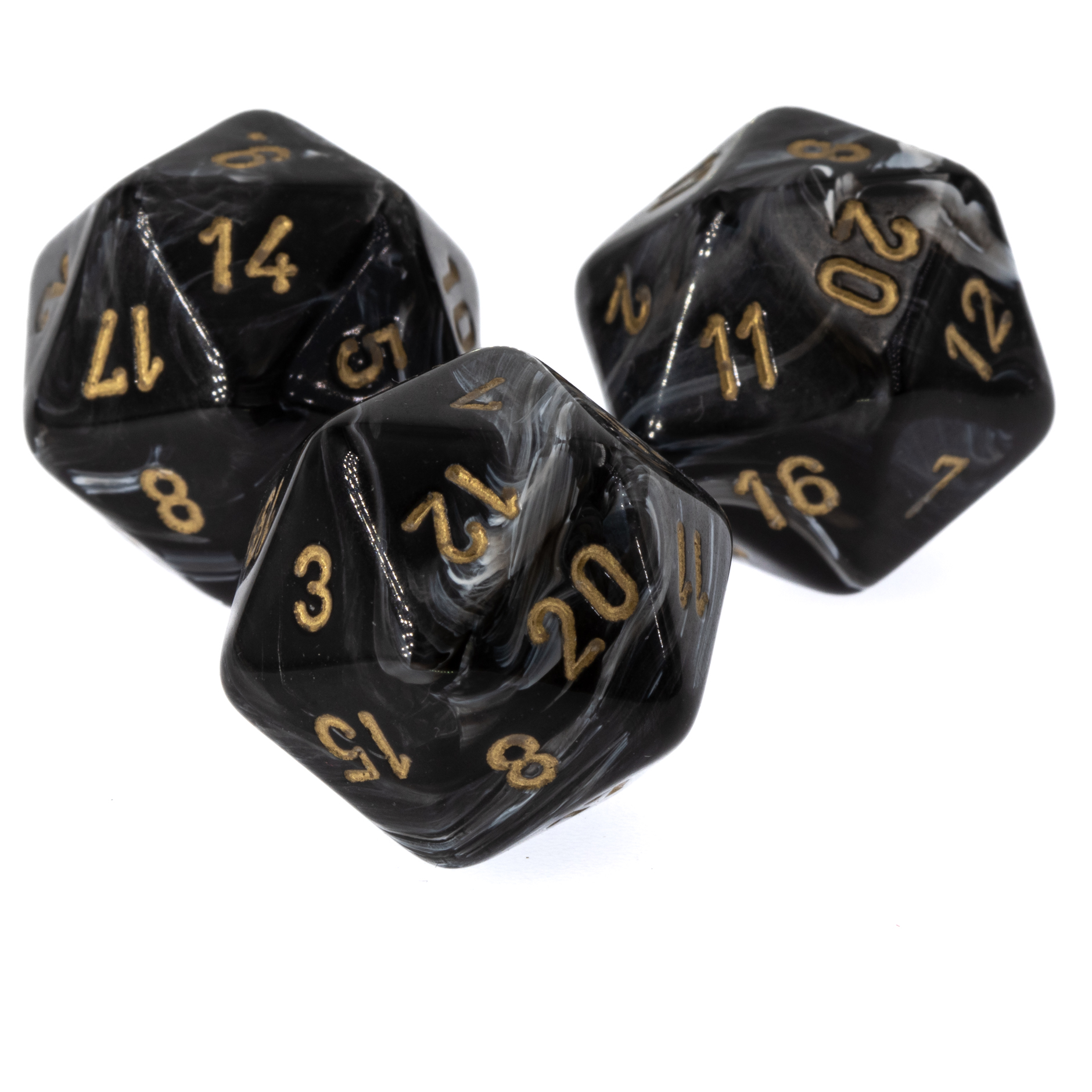 D20 dice in black grey / white marbled, silk