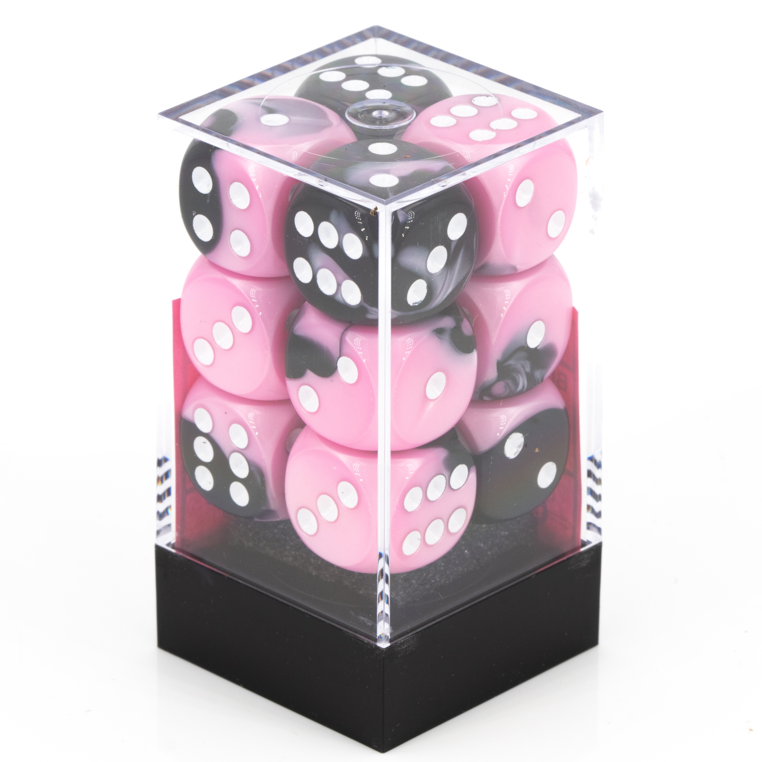 Gemini® Schwarz-Pink / weiß 16mm W6 Würfel Set (12 Würfel)