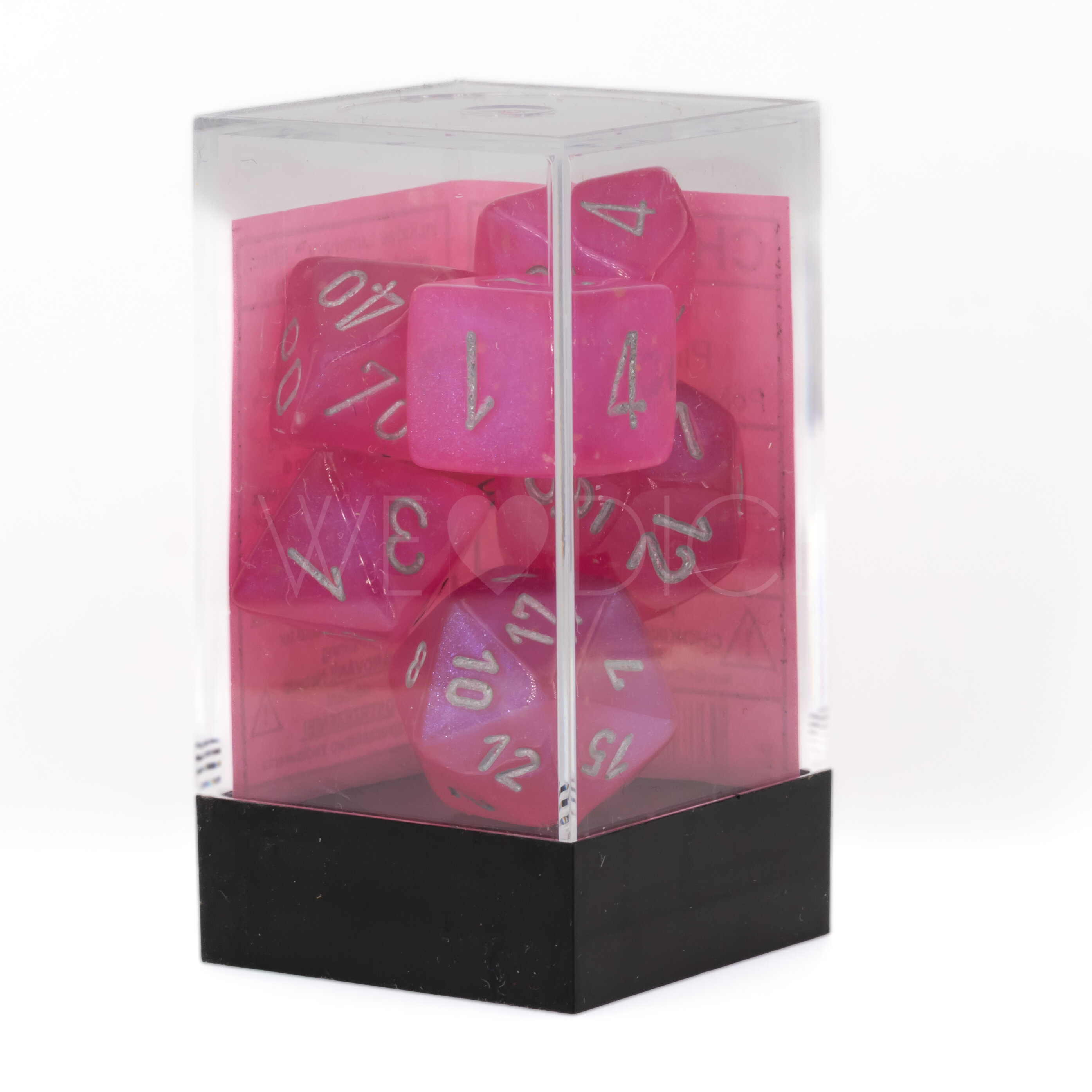 Borealis® Polyhedral Pink / silber 7-Würfel Set