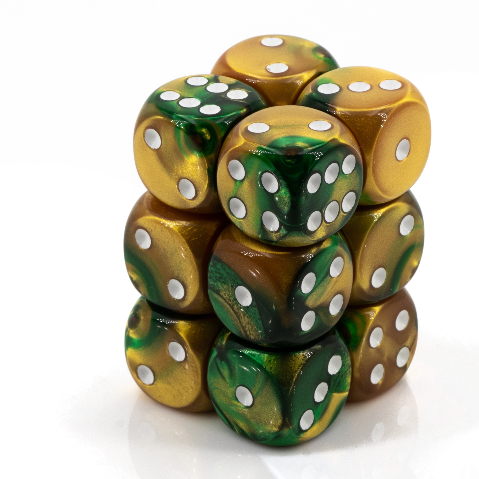 Gemini® Gold-Grün / weiß 16mm W6 Würfel Set (12 Würfel)
