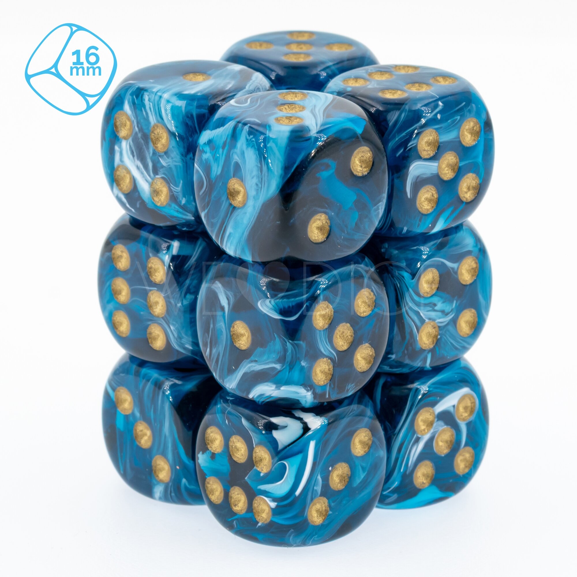 Maro midnight blue / gold 16mm D6 Dice Set  (12Pcs)