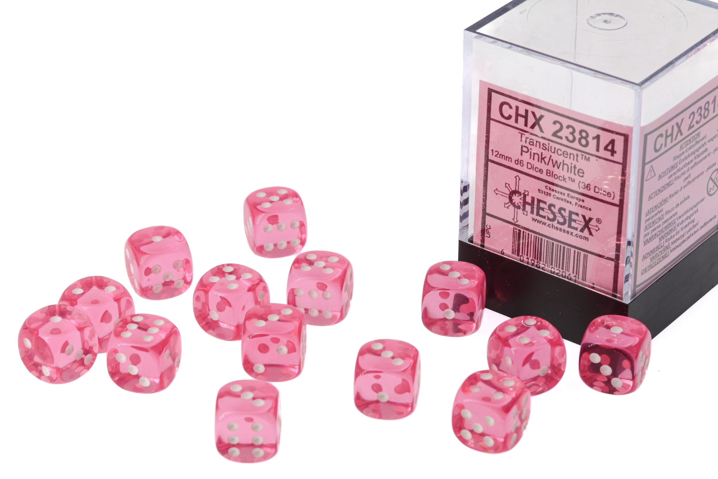 Translucent Pink / white  12mm D6 Dice Set (36 dice)