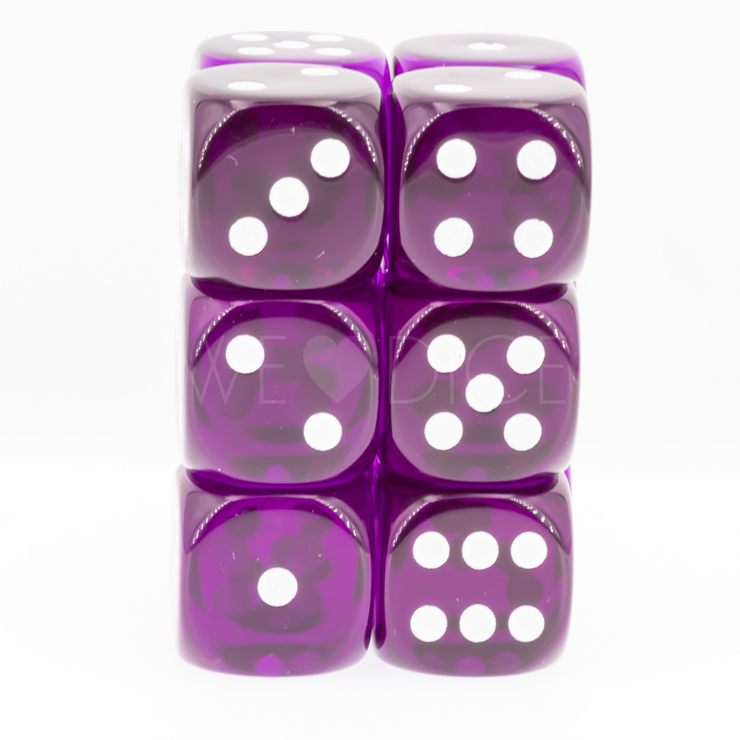 Translucent Purple / white 16mm D6 Dice Set (12 dice)