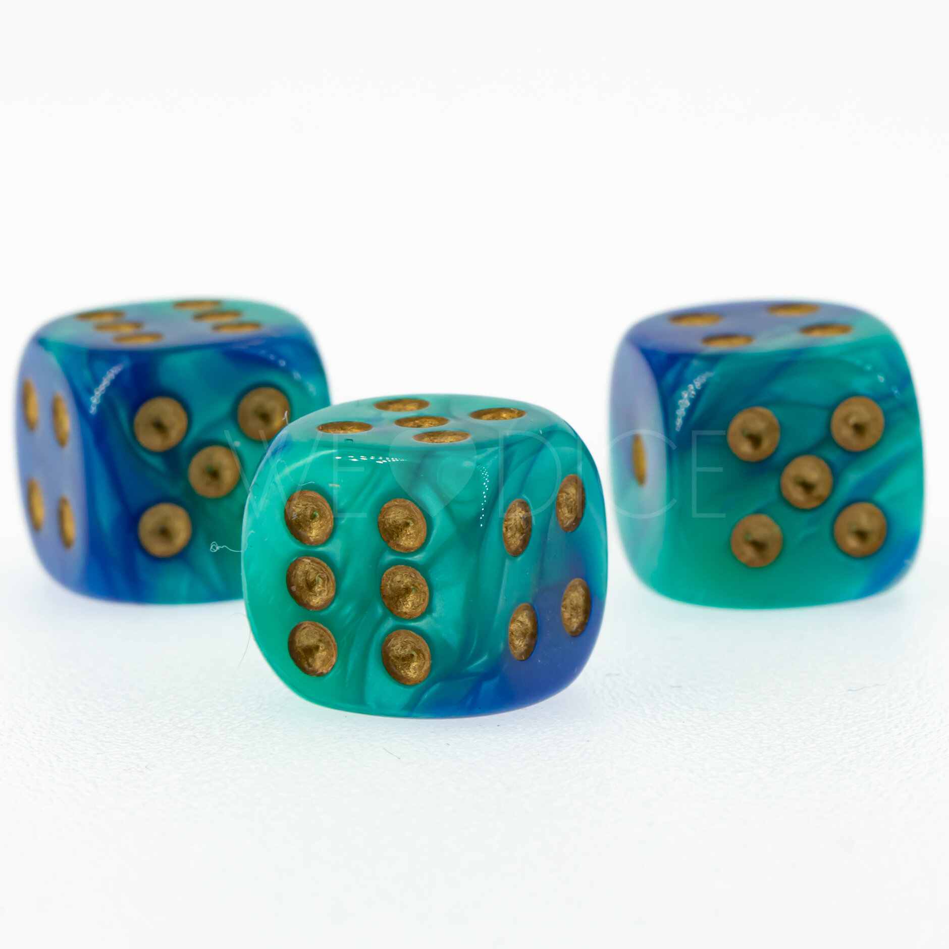 Gemini® Blau-Grün / gold 12mm W6 Würfel mit Punkten (1 Stück)