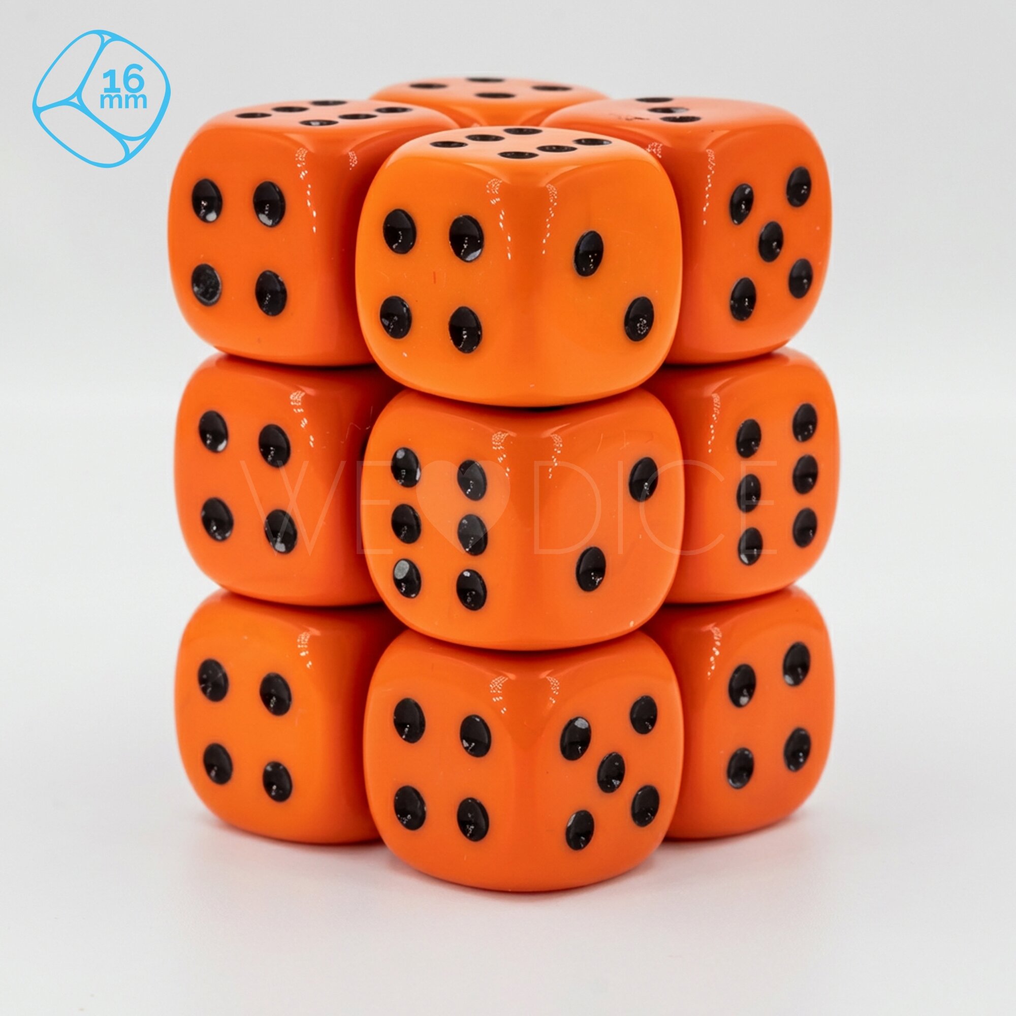 Opaque orange / black 16mm D6 Dice Set  (12Pcs)