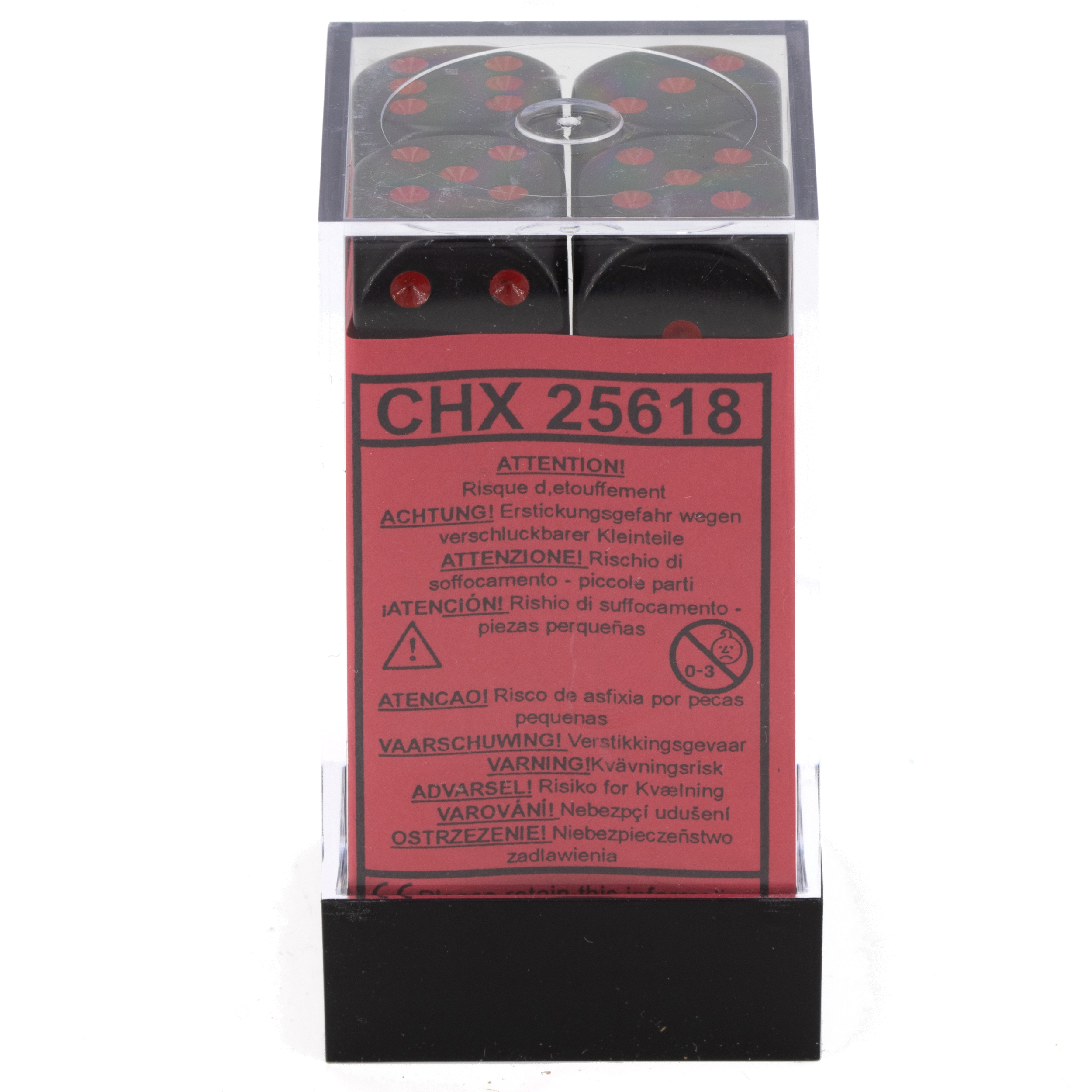 Opaque Black / red 16mm D6 Dice Set (12 dice)
