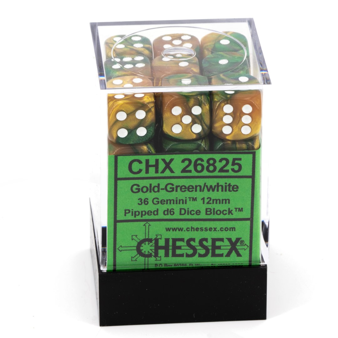 Gemini® Gold-Green / white 12mm D6 Dice Set (36 dice)