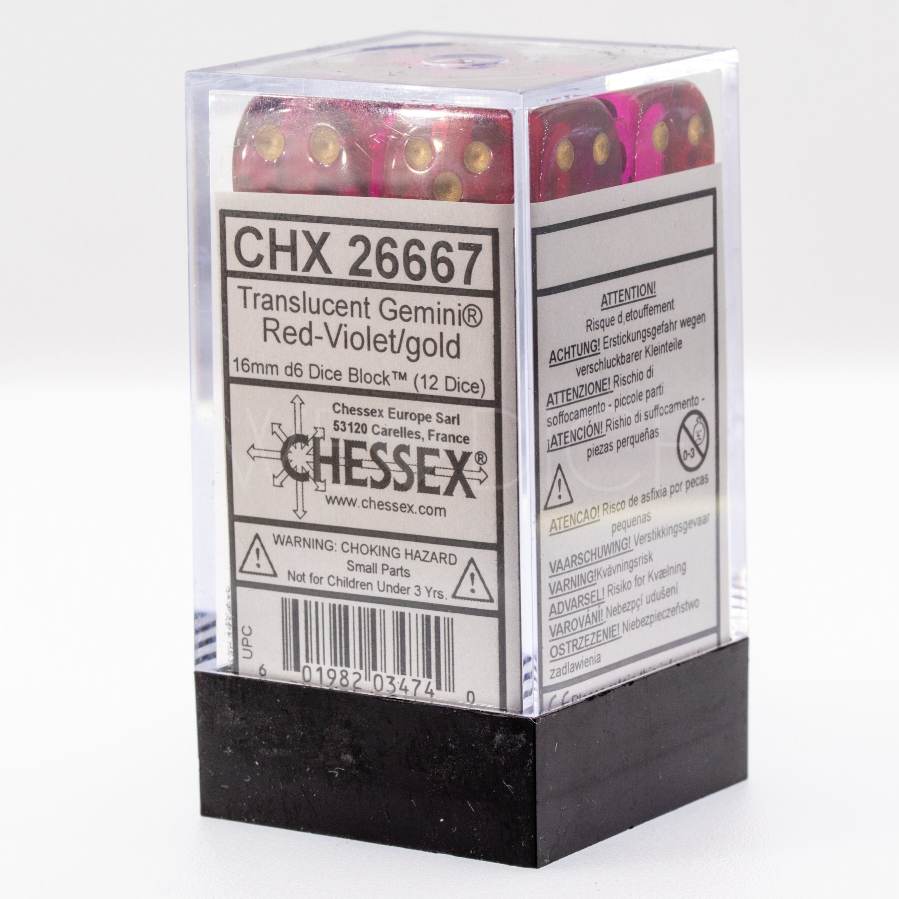 Gemini®, Transparent Rot-Violett / gold 16mm W6 Würfel Set (12 Würfel)