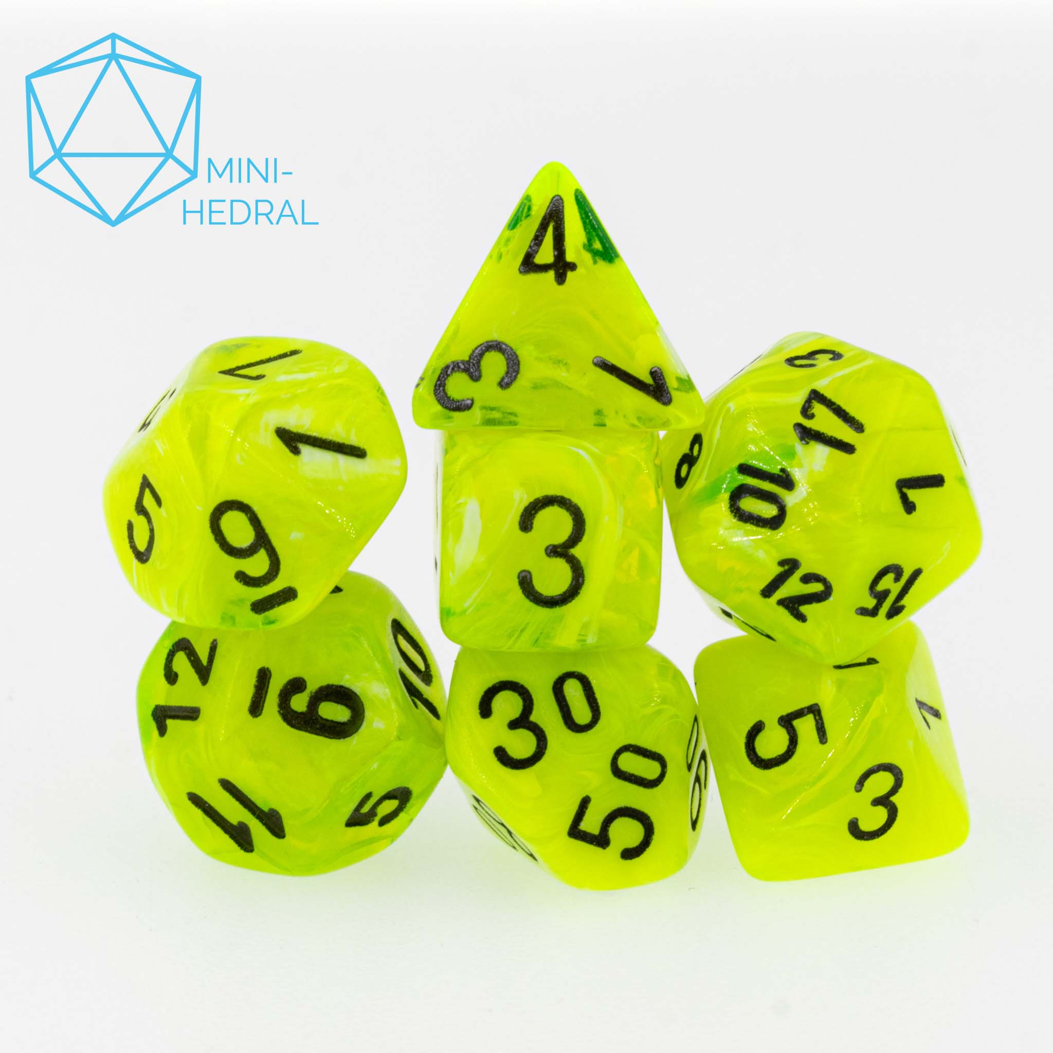 Mini-hedral Vortex® Polyhedral Hellgrün / Schwarz 7-Würfel Set