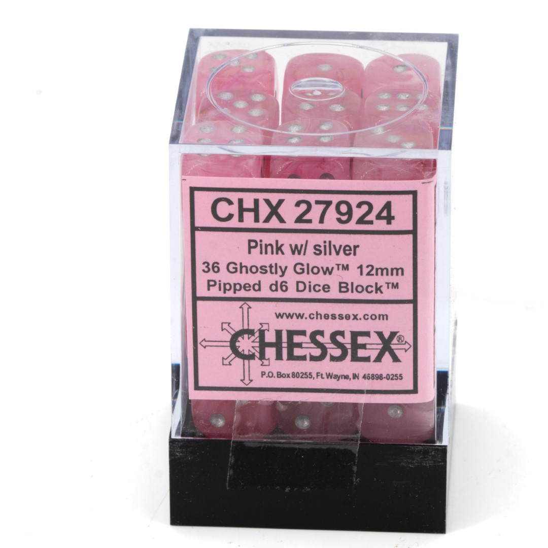 Ghostly Glow™ pink / silber 12mm W6 Würfel Set (36 Würfel)