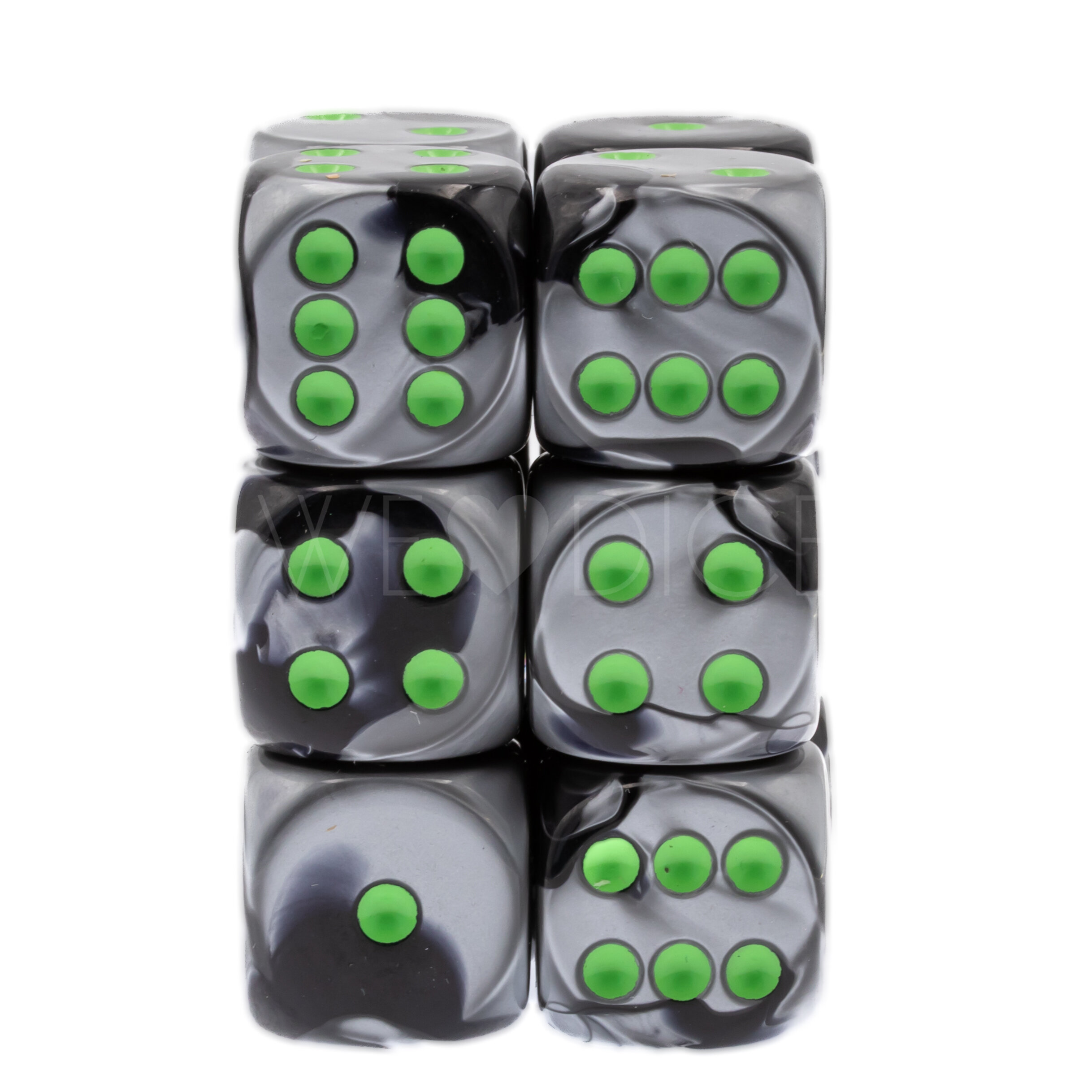 Gemini® Schwarz-Grau / grün 16mm W6 Würfel Set (12 Würfel)
