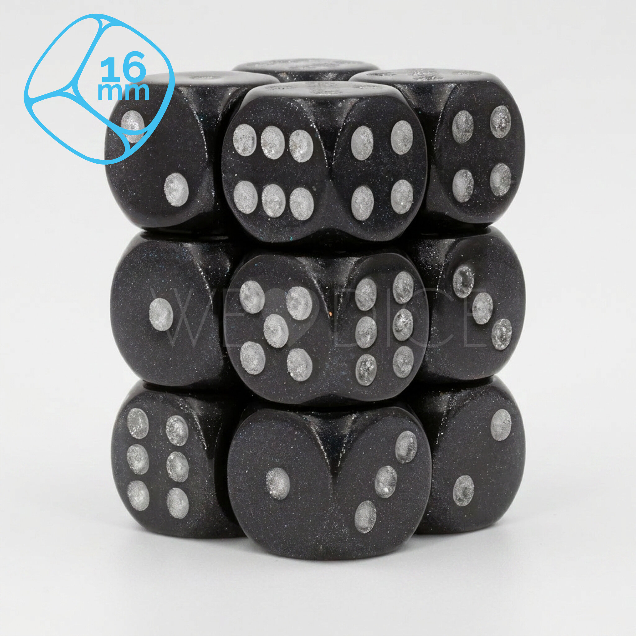 Borealis® Smoke / silver 16mm W6 Würfel Set (12 Würfel)