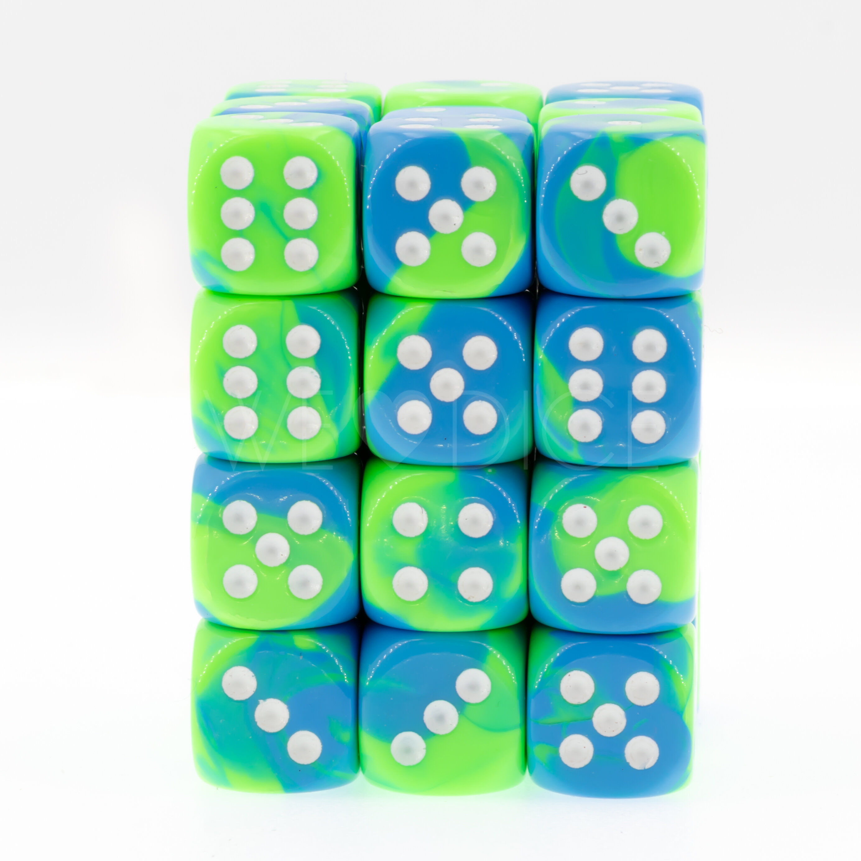 2-way blue - green / white 12mm D6 Dice Set  (36Pcs)