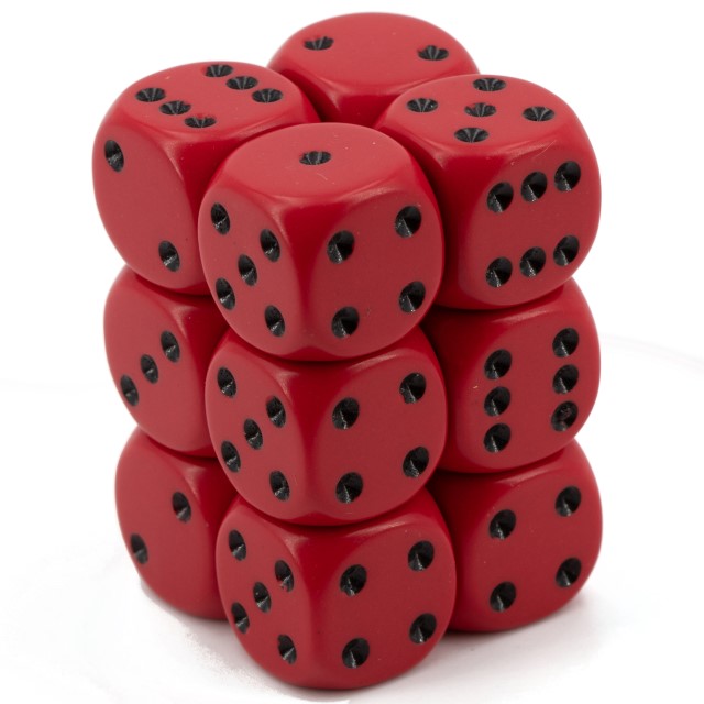Opaque Red / black 16mm D6 Dice Set (12 dice)