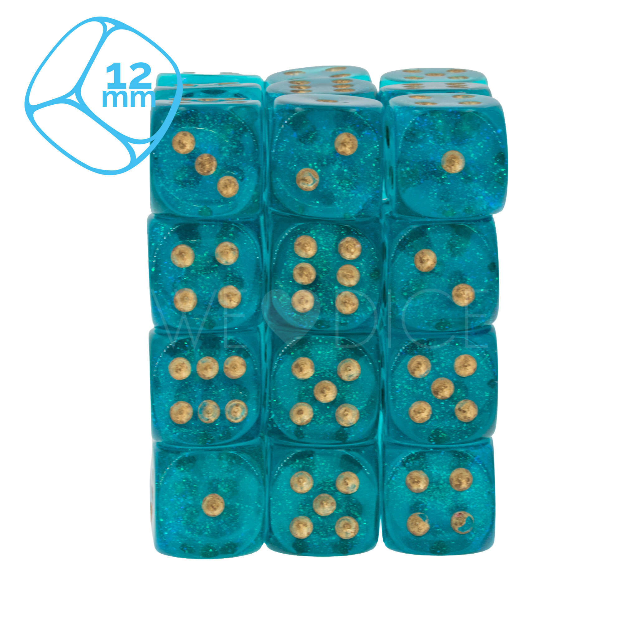 Borealis® Teal / gold 12mm W6 Würfel Set (36 Würfel)