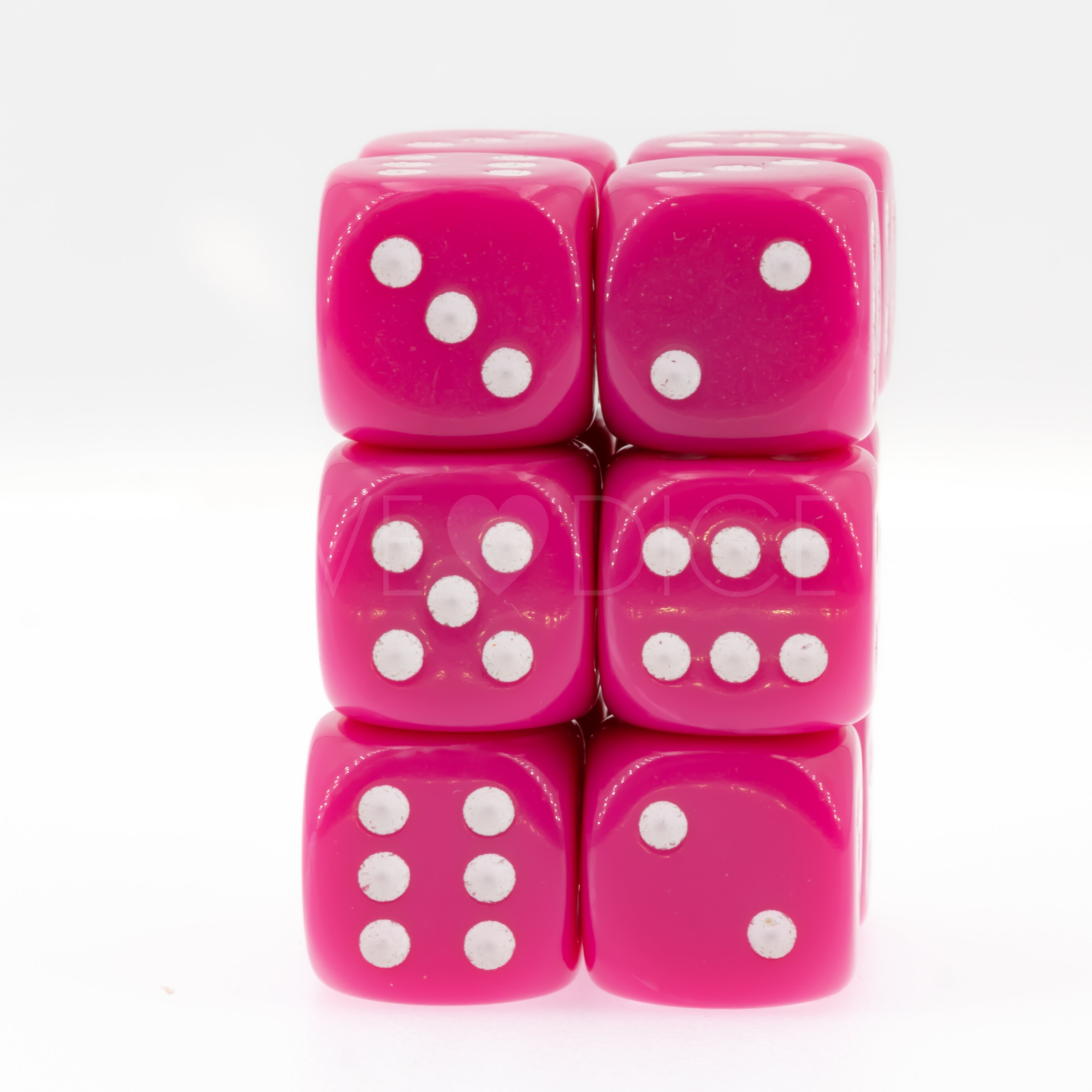 Opaque pink / white 16mm D6 Dice Set  (12Pcs)